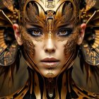 Intricate portrait of woman with golden makeup and headpiece