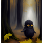 Melancholic character in black robe surrounded by autumn leaves in mystical forest