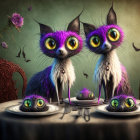 Whimsical cats with oversized eyes on surreal dining table surrounded by flowers.