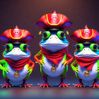 Colorful stylized pirate frogs on dark background