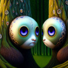 Whimsical characters in enchanted forest with patterned eyes