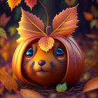 Illustration of cute creature in pumpkin with shiny eyes & autumn leaves