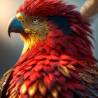 Detailed Red and Yellow Phoenix Close-Up with Metallic Beak