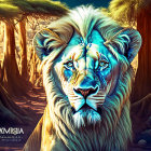 Majestic blue and white lion in mystical forest setting