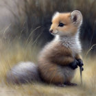 Young fox in field with fluffy tail and stick, gazing curiously.