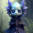 Skull-like face creature with purple eyes and floral ears in dark collar