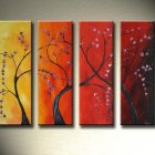 Stylized autumn tree panels in red and gold hues