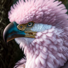 Fantastical bird with pink feathers, blue beak, and yellow eyes in detailed illustration