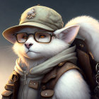 Anthropomorphic white cat in vintage pilot outfit with mouse on cap