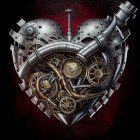 Steampunk-style metallic heart with gears and clocks on dark background