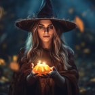 Smiling girl in witch costume with candle, starry hat, crow, and cosmic background