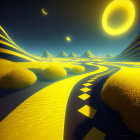 Surreal desert landscape with glowing yellow road and multiple moons