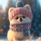 Peach Pomeranian in scarf and hat with snowflakes in winter forest