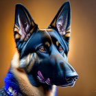 German Shepherd Portrait with Blue Collar on Golden Background