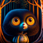 Wide-eyed cartoonish creature in dark forest illustration