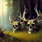 Decorated animal skulls with antlers in mystical forest setting