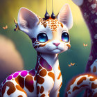 Whimsical feline creature with giraffe-like spots in forest setting