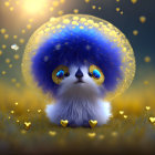 Blue fluffy creature in dandelion field under glowing sphere