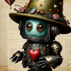 Steampunk Robot with Heart Torso and Top Hat on Vintage Map Background