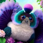 Colorful Stylized Peacock Illustration with Blue and Purple Feathers and Flowers