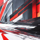 Dynamic Red, White, and Black Geometric Abstract Art in 3D