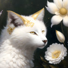 Digital art: Majestic white cat with golden eyes surrounded by flowers and bird.