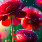 Vibrant red poppies with dew droplets under soft sunlight on blurred green background