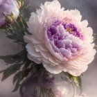 Large pink peony in full bloom with buds and leaves on soft-focus image