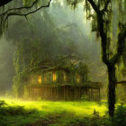 Desolate multi-story house in misty forest with sunlight and Spanish moss.