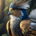 Majestic eagle with human-like eyes and crown in forest scene