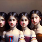 Four young girls in vintage attire with distinct expressions and hairstyles on neutral background