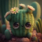 Colorful Cartoon Cactus with Expressive Eyes in Desert Landscape