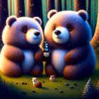 Animated bears and cub in mystical forest with fireflies and mushrooms