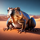 Detailed digital artwork: Large toad with human-like eyes on sand dunes under clear sky