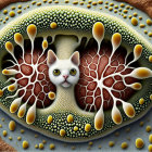 White cat emerges from surreal fractal pattern with spherical elements