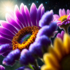 Colorful Purple and Yellow Flowers on Starry Night Sky Background