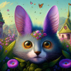 Large-eyed rabbit with flowers, butterflies, and towers in colorful landscape