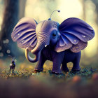 Illustration: Tiny mouse meets large elephant with butterfly wings in magical forest