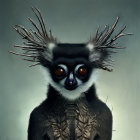 Surreal illustration: Creature with lemur face, orange eyes, and antlers with tiny trees