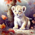 Cute lion cub digital painting with blue eyes and autumn leaves