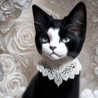 Black and White Cat with Striking Eyes Surrounded by White Roses and Lace Collar