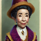 Elderly woman in purple Victorian outfit with high collar and golden jewelry