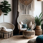 Bohemian-style interior with peacock chair, macramé decor, plants, and earthy