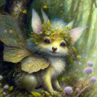 Cat-faced creature with leafy wings in enchanted forest