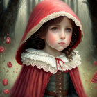 Young girl in red hooded cape among dark woods and red rose petals