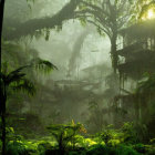 Sunlight filtering through mist in dense green forest