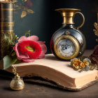 Vintage still life with pocket watch, candle, jug, flower, and book on dark backdrop