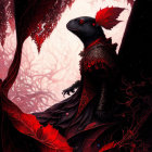 Black lizard with red accents in regal cape in mystical red and black forest