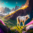 Majestic goat in mountain landscape with vibrant flowers