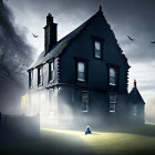 Spooky two-story house in moonlit mist with glowing light